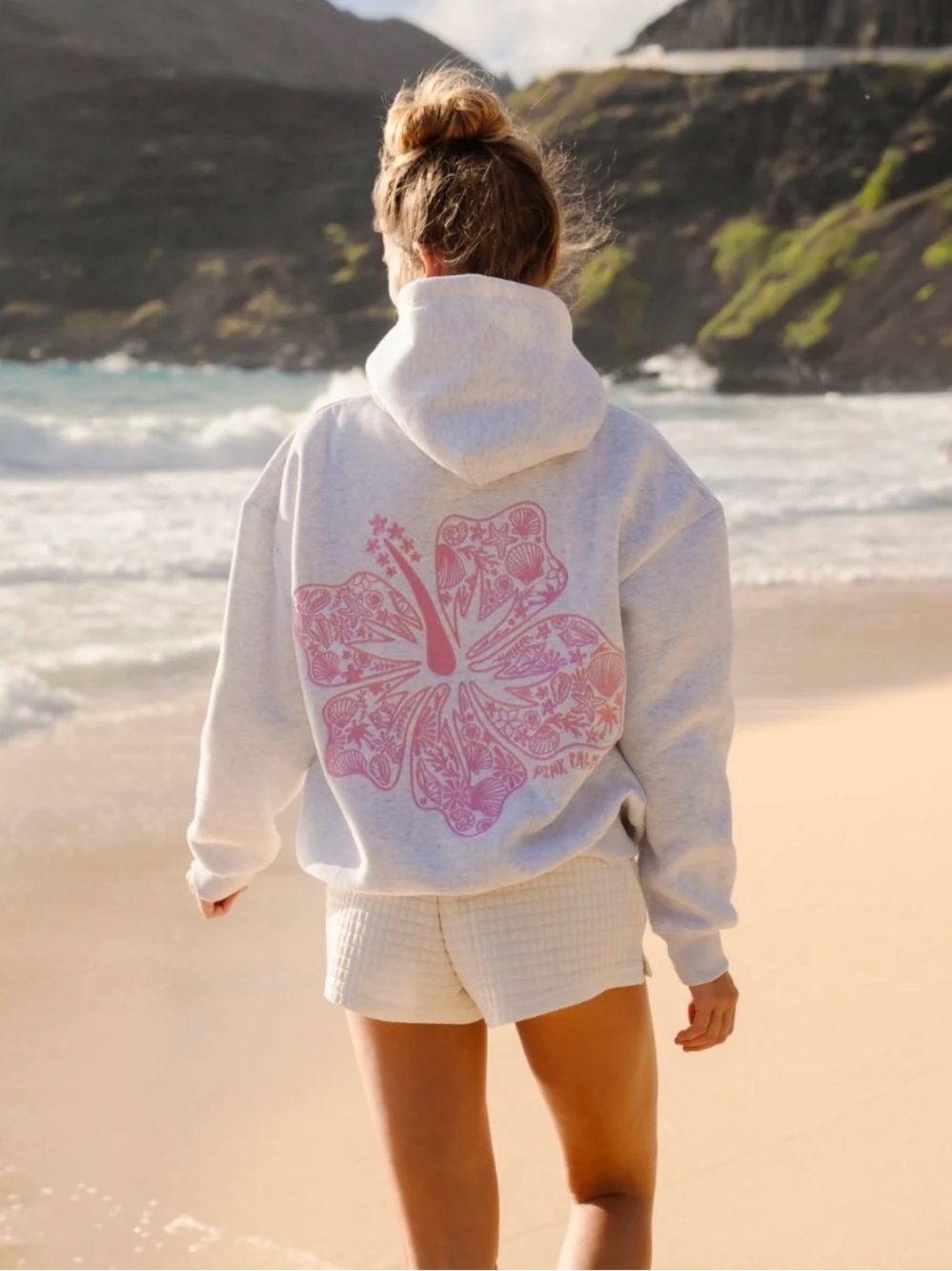 PINK PALM PUFF - "Hawaii Hibiscus" Hoodie in Heather Cloud